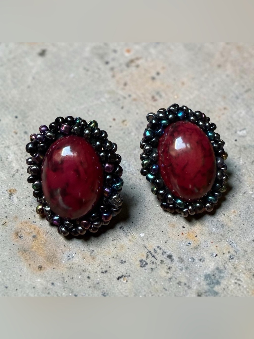 Vintage Deep Red Cabochon Bead Halo Earrings